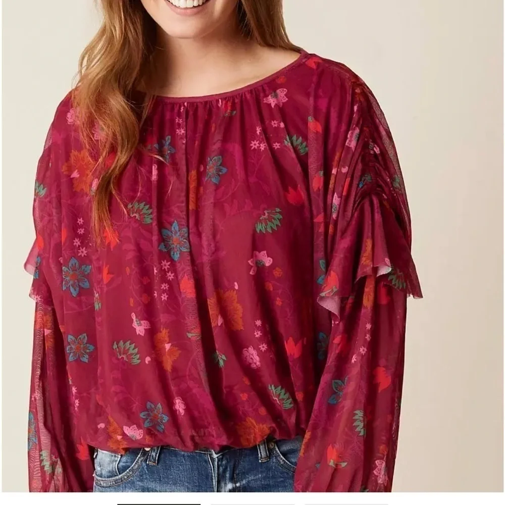 Free People Burgundy M Floral Wildflower Honey Peasant Blouse NWT